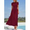 imagePRETTYGARDEN Womens Casual Dresses 2025 Summer Short Sleeve Ruched Patchwork A Line Pleated Swing Maxi Dress with PocketsWine Red
