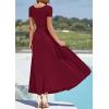 imagePRETTYGARDEN Womens Casual Dresses 2025 Summer Short Sleeve Ruched Patchwork A Line Pleated Swing Maxi Dress with PocketsWine Red