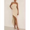 imagePRETTYGARDEN Womens Off Shoulder Bodycon Dresses 2025 Summer Ruched Asymmetrical High Split Elegant Cocktail Party DressApricot