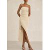 imagePRETTYGARDEN Womens Off Shoulder Bodycon Dresses 2025 Summer Ruched Asymmetrical High Split Elegant Cocktail Party DressApricot