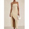 imagePRETTYGARDEN Womens Off Shoulder Bodycon Dresses 2025 Summer Ruched Asymmetrical High Split Elegant Cocktail Party DressApricot