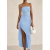 imagePRETTYGARDEN Womens Off Shoulder Bodycon Dresses 2025 Summer Ruched Asymmetrical High Split Elegant Cocktail Party DressLight Blue