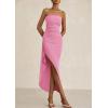 imagePRETTYGARDEN Womens Off Shoulder Bodycon Dresses 2025 Summer Ruched Asymmetrical High Split Elegant Cocktail Party DressPink