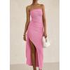 imagePRETTYGARDEN Womens Off Shoulder Bodycon Dresses 2025 Summer Ruched Asymmetrical High Split Elegant Cocktail Party DressPink