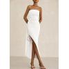 imagePRETTYGARDEN Womens Off Shoulder Bodycon Dresses 2025 Summer Ruched Asymmetrical High Split Elegant Cocktail Party DressWhite
