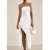 imagePRETTYGARDEN Womens Off Shoulder Bodycon Dresses 2025 Summer Ruched Asymmetrical High Split Elegant Cocktail Party DressWhite