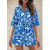 imagePRETTYGARDEN Womens Rompers for Summer 2025 Beach Vacation Clothes Short Sleeves Floral Jumpsuits Beach Cover UpBlue