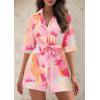 imagePRETTYGARDEN Womens Rompers for Summer 2025 Beach Vacation Clothes Short Sleeves Floral Jumpsuits Beach Cover UpPink