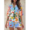 imagePRETTYGARDEN Womens Rompers for Summer 2025 Beach Vacation Clothes Short Sleeves Floral Jumpsuits Beach Cover UpWhite Blue Green Flower