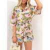 imagePRETTYGARDEN Womens Rompers for Summer 2025 Beach Vacation Clothes Short Sleeves Floral Jumpsuits Beach Cover UpWhiteblue Leaf