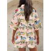 imagePRETTYGARDEN Womens Rompers for Summer 2025 Beach Vacation Clothes Short Sleeves Floral Jumpsuits Beach Cover UpWhiteblue Leaf
