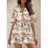 imagePRETTYGARDEN Womens Rompers for Summer 2025 Beach Vacation Clothes Short Sleeves Floral Jumpsuits Beach Cover UpWhiteblue Leaf