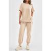 imagePRETTYGARDEN Womens Summer 2 Piece Outfit Tracksuits Casual Short Sleeve Tops High Waisted Sweatpants SetBeige