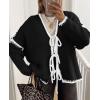imagePRETTYGARDEN Womens Tie Front Bow Cardigan Sweaters Chunky Knit Long Puff Sleeve Trendy Fall Winter Jacket CoatsBlack White
