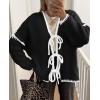 imagePRETTYGARDEN Womens Tie Front Bow Cardigan Sweaters Chunky Knit Long Puff Sleeve Trendy Fall Winter Jacket CoatsBlack White
