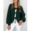 imagePRETTYGARDEN Womens Tie Front Bow Cardigan Sweaters Chunky Knit Long Puff Sleeve Trendy Fall Winter Jacket CoatsDark Green