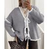 imagePRETTYGARDEN Womens Tie Front Bow Cardigan Sweaters Chunky Knit Long Puff Sleeve Trendy Fall Winter Jacket CoatsGrey White