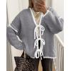 imagePRETTYGARDEN Womens Tie Front Bow Cardigan Sweaters Chunky Knit Long Puff Sleeve Trendy Fall Winter Jacket CoatsGrey White