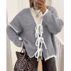 imagePRETTYGARDEN Womens Tie Front Bow Cardigan Sweaters Chunky Knit Long Puff Sleeve Trendy Fall Winter Jacket CoatsGrey White