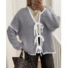 imagePRETTYGARDEN Womens Tie Front Bow Cardigan Sweaters Chunky Knit Long Puff Sleeve Trendy Fall Winter Jacket CoatsGrey White