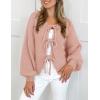 imagePRETTYGARDEN Womens Tie Front Bow Cardigan Sweaters Chunky Knit Long Puff Sleeve Trendy Fall Winter Jacket CoatsPink