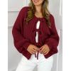 imagePRETTYGARDEN Womens Tie Front Bow Cardigan Sweaters Chunky Knit Long Puff Sleeve Trendy Fall Winter Jacket CoatsWine Red