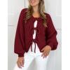 imagePRETTYGARDEN Womens Tie Front Bow Cardigan Sweaters Chunky Knit Long Puff Sleeve Trendy Fall Winter Jacket CoatsWine Red