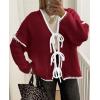 imagePRETTYGARDEN Womens Tie Front Bow Cardigan Sweaters Chunky Knit Long Puff Sleeve Trendy Fall Winter Jacket CoatsWine Red White