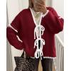 imagePRETTYGARDEN Womens Tie Front Bow Cardigan Sweaters Chunky Knit Long Puff Sleeve Trendy Fall Winter Jacket CoatsWine Red White