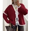 imagePRETTYGARDEN Womens Tie Front Bow Cardigan Sweaters Chunky Knit Long Puff Sleeve Trendy Fall Winter Jacket CoatsWine Red White