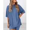 imagePRETTYGARDEN Womens Two Piece Lounge Set 2025 Summer Casual Oversized Shirts Biker Shorts Matching Airport Travel OutfitBlue