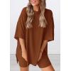 imagePRETTYGARDEN Womens Two Piece Lounge Set 2025 Summer Casual Oversized Shirts Biker Shorts Matching Airport Travel OutfitBrown