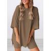 imagePRETTYGARDEN Womens Two Piece Lounge Set 2025 Summer Casual Oversized Shirts Biker Shorts Matching Airport Travel OutfitDark Khaki