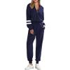imagePRETTYGARDEN Womens 2 Piece Sweater Set Pullover Zip Up Sweatshirt Jogger Sweatpants Tracksuit Casual OutfitStriped Navy