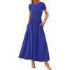 imagePRETTYGARDEN Womens Casual Dresses 2025 Summer Short Sleeve Ruched Patchwork A Line Pleated Swing Maxi Dress with PocketsBlue