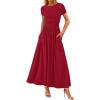 imagePRETTYGARDEN Womens Casual Dresses 2025 Summer Short Sleeve Ruched Patchwork A Line Pleated Swing Maxi Dress with PocketsRed