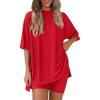 imagePRETTYGARDEN Womens Two Piece Lounge Set 2025 Summer Casual Oversized Shirts Biker Shorts Matching Airport Travel OutfitRed