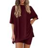 imagePRETTYGARDEN Womens Two Piece Lounge Set 2025 Summer Casual Oversized Shirts Biker Shorts Matching Airport Travel OutfitWine Red