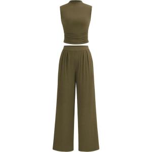 imagePRETTYGARDEN 2 Piece Sets for Women Summer 2025 Airport Travel Outfits Crop Tank Tops Wide Leg Pants Matching Lounge SetsArmy Green