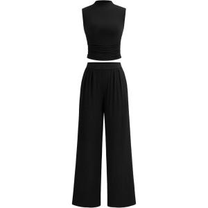 imagePRETTYGARDEN 2 Piece Sets for Women Summer 2025 Airport Travel Outfits Crop Tank Tops Wide Leg Pants Matching Lounge SetsBlack