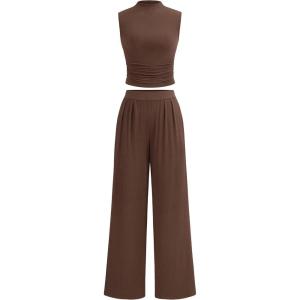 imagePRETTYGARDEN 2 Piece Sets for Women Summer 2025 Airport Travel Outfits Crop Tank Tops Wide Leg Pants Matching Lounge SetsCoffee
