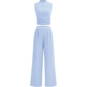 imagePRETTYGARDEN 2 Piece Sets for Women Summer 2025 Airport Travel Outfits Crop Tank Tops Wide Leg Pants Matching Lounge SetsLight Blue