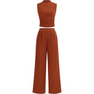 imagePRETTYGARDEN 2 Piece Sets for Women Summer 2025 Airport Travel Outfits Crop Tank Tops Wide Leg Pants Matching Lounge SetsOrange Red