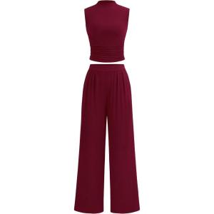 imagePRETTYGARDEN 2 Piece Sets for Women Summer 2025 Airport Travel Outfits Crop Tank Tops Wide Leg Pants Matching Lounge SetsWine Red