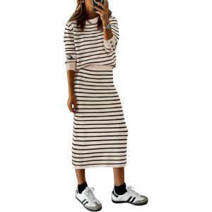imagePRETTYGARDEN 2 Piece Skirts Sets For Women Fall Fashion 2025 Striped Sweater Dress Knit Lounge Travel Outfits Winter ClothingApricot Stripe