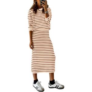 imagePRETTYGARDEN 2 Piece Skirts Sets For Women Fall Fashion 2025 Striped Sweater Dress Knit Lounge Travel Outfits Winter ClothingCaramel Stripe