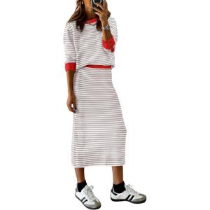 imagePRETTYGARDEN 2 Piece Skirts Sets For Women Fall Fashion 2025 Striped Sweater Dress Knit Lounge Travel Outfits Winter ClothingLight Grey Stripe