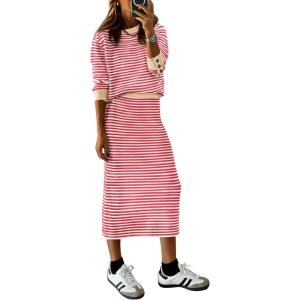 imagePRETTYGARDEN 2 Piece Skirts Sets For Women Fall Fashion 2025 Striped Sweater Dress Knit Lounge Travel Outfits Winter ClothingPink Stripe