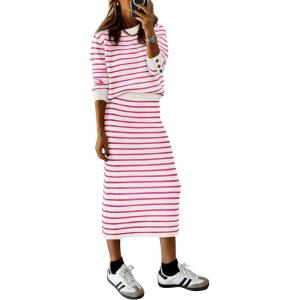 imagePRETTYGARDEN 2 Piece Skirts Sets For Women Fall Fashion 2025 Striped Sweater Dress Knit Lounge Travel Outfits Winter ClothingRose Red Stripe