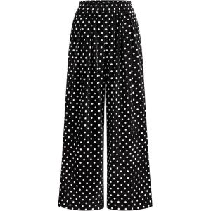 imagePRETTYGARDEN Casual Womens Pants 2025 Elastic Waist Palazzo Long Stretchy Wide Leg Trousers Knit Fall Outfits with PocketsDot Black White